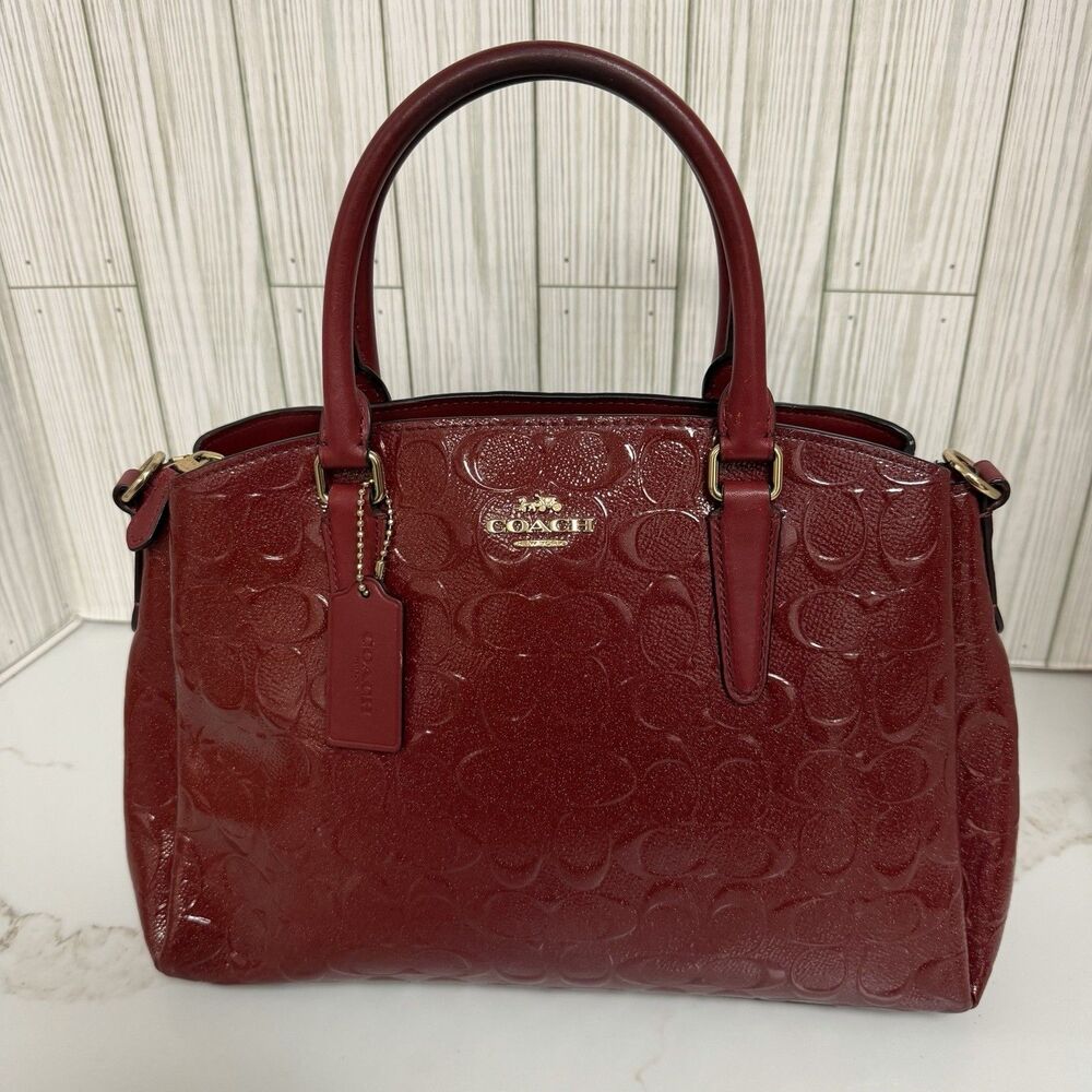 Coach Red Logo Patent Satchel Top Handle Zip Gold Hardware Hang Tag Charm